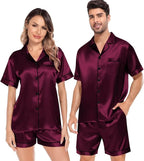 SWOMOG Satin Matching Pajamas Sets Couple Silk Button Down Nightwear Women & Men Short Sleeve Sleepwear 2 Pieces Loungewear