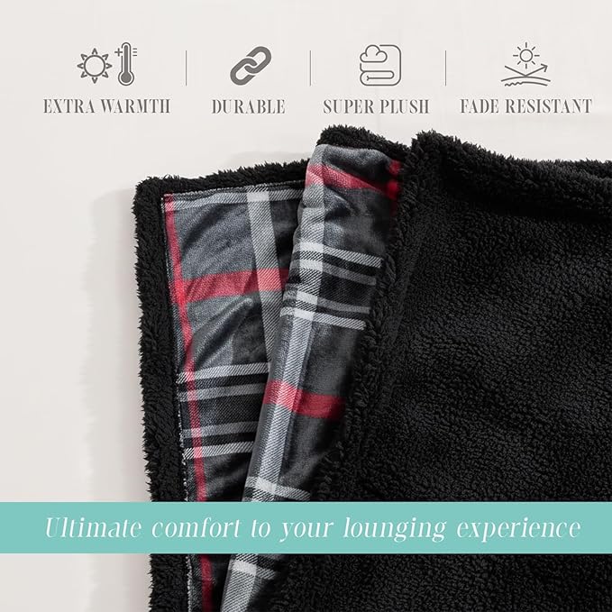 Elegant Comfort Throw Blanket, Reversible Sherpa Flannel, Ultra-Soft, Fuzzy, Cozy and Plush- All Season Lightweight Decorative Throw, 50 x 60 inches, Plaid Design Sherpa Throw, Midnight