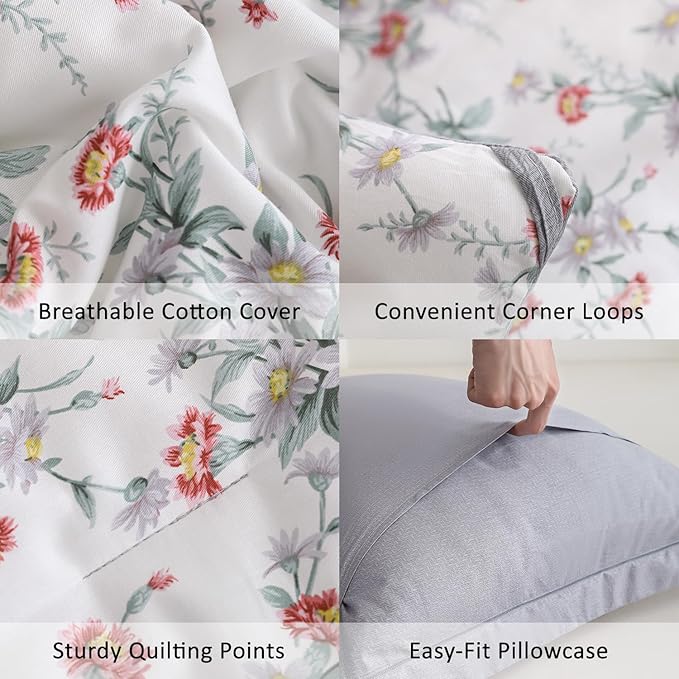 ALEISSEL White Floral Cotton Comforter Queen Size - 3PC Lightweight Bedding Sets with Soft Fill, Elegant Pale Purple & Burgundy Botanical Patterns with Light Gray Reversible Design