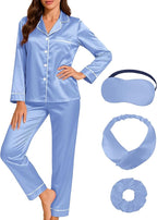 EPLAZA Silk Pajamas for Women Satin Pajamas Set 5 Pcs Long Sleeve Print Pattern Button Down Pjs Sleepwear Loungewear Set