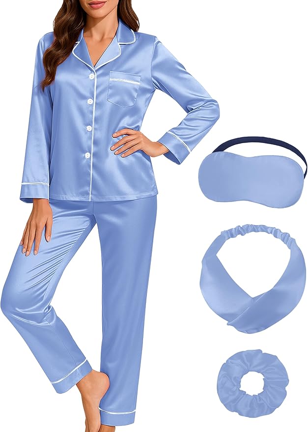 EPLAZA Silk Pajamas for Women Satin Pajamas Set 5 Pcs Long Sleeve Print Pattern Button Down Pjs Sleepwear Loungewear Set