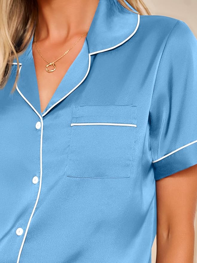 LILLUSORY Silk Satin Pajama Set for Women 2 Piece Lounge Pjs Winter Matching Summer Sleepwear Button Down Shirt Shorts