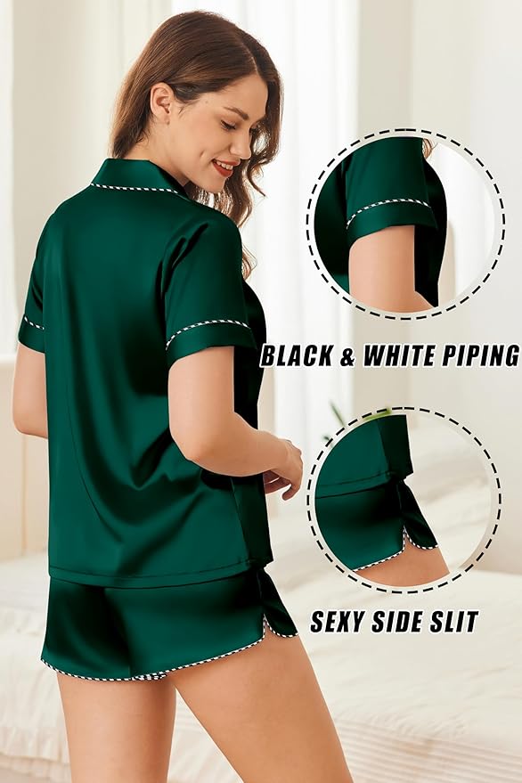 Ekouaer Silk Satin Pajamas Set Short Sleeve Pj Sets Black & White Contrast Piping Pjs Button Down Lounge Sets 2 Piece