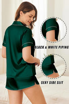 Ekouaer Silk Satin Pajamas Set Short Sleeve Pj Sets Black & White Contrast Piping Pjs Button Down Lounge Sets 2 Piece