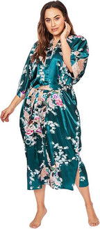 KIM+ONO Plus Size Luxury Kimono Robe for Women | Long Satin Floral Robe | Original Design | Removable Waist Tie Closure