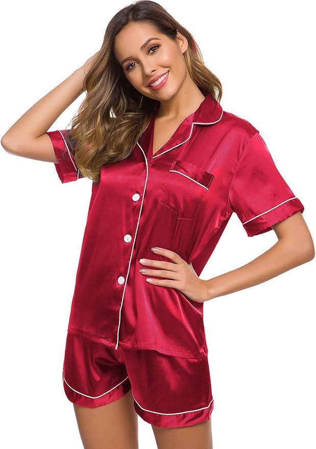 SWOMOG Womens Silk Satin Pajamas Set Short Sleeve Sleepwear Button Down Top and Shorts Loungewear 2 Piece Pjs Set XS-3XL