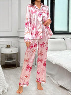 WDIRARA Women's 2 Piece Bowknot Print Satin Pajama Set Long Sleeve Button Down Lounge Pants Sleepwear Sets
