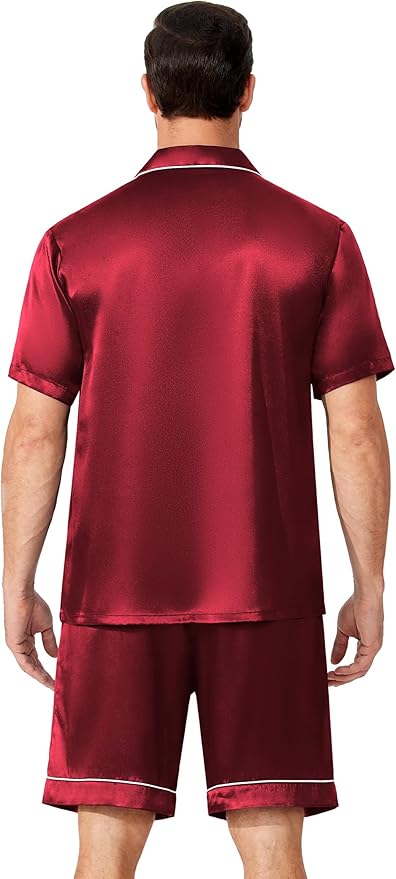 Ekouaer Mens Pajamas Set Silk Satin Sleepwear Short Sleeve Button Down Pjs Set 2 Piece Loungewear with Pockets S-XXL