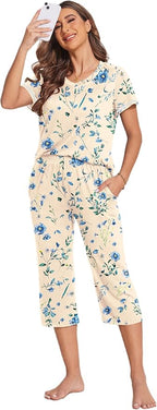 Ekouaer Women's Sleepwear Capri Pajama Sets Short Sleeve Two-Piece Pjs V Neck Tops & Capri Pants with Pockets S-3XL