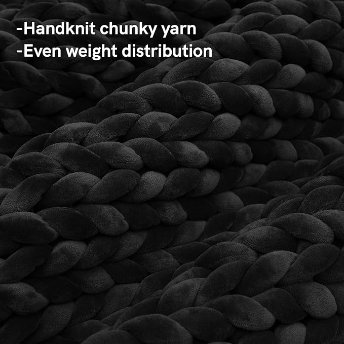 YnM Velvet Weighted Blanket, Handmade Chunky Knitted Design, Soft and Cozy, Temperature Regulating and Breathable, Machine Washable Throw for Sleep or Home Decor (Black, 50x60 Inch, 10lbs)