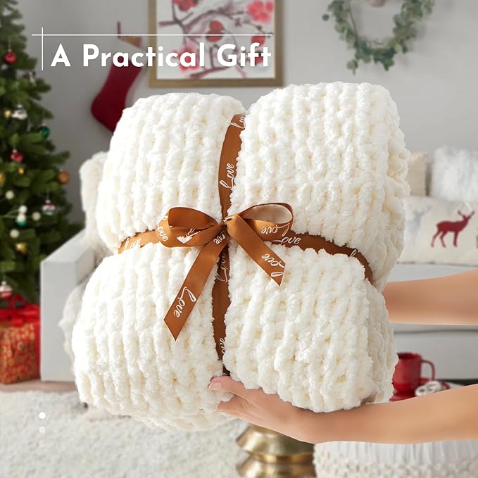 YJLMLY Chunky Knit Throw Blanket,60x80 Inch Heavy 6.8lbs, Hand Knit Chenille Couch Blanket, Soft Cable Knit Gift for Women Mom Wife, Modern Home Decor
