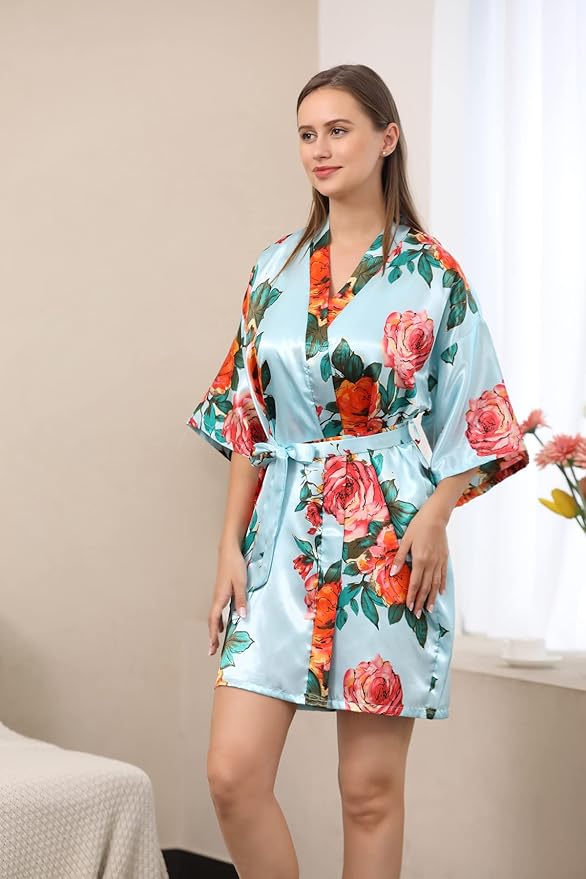 QXQTER Peony Floral Silky Satin Robe Wedding Bridal Party Bride Bridesmaid Robes for Women Dressing Gown Kimono Robe