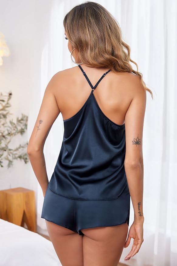 Ekouaer Silk Pajamas Set for Women Satin Lingerie Pjs Cami Top and Shorts Soft 2 Piece Nightwear