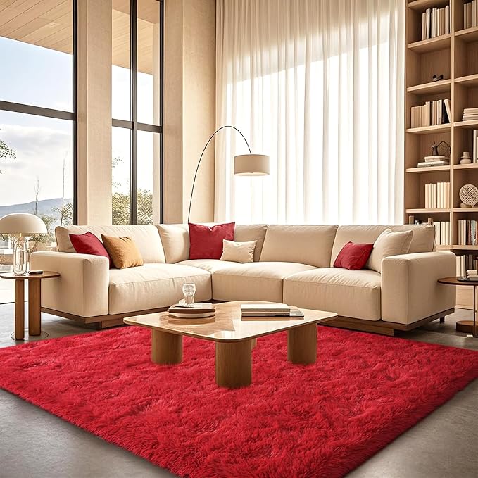 Large Soft Fluffy Rugs for Living Room, 8x10 Feet, Red Faux Fur Area Rug - Plush Non-Slip Shag Shaggy Carpet for Bedroom, Kids Boys Girls Dorm Nursery Room