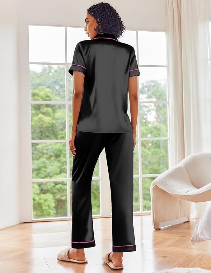 Ekouaer Silk Satin Pajamas Set Women Short Sleeve Sleepwear Soft Button Down Loungewear Pjs Set