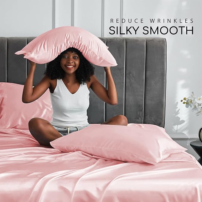 MR&HM Satin Bed Sheets, Full Size Sheets Set, 4 Pcs Silky Bedding Set with 15 Inches Deep Pocket for Mattress (Full, Light Pink)
