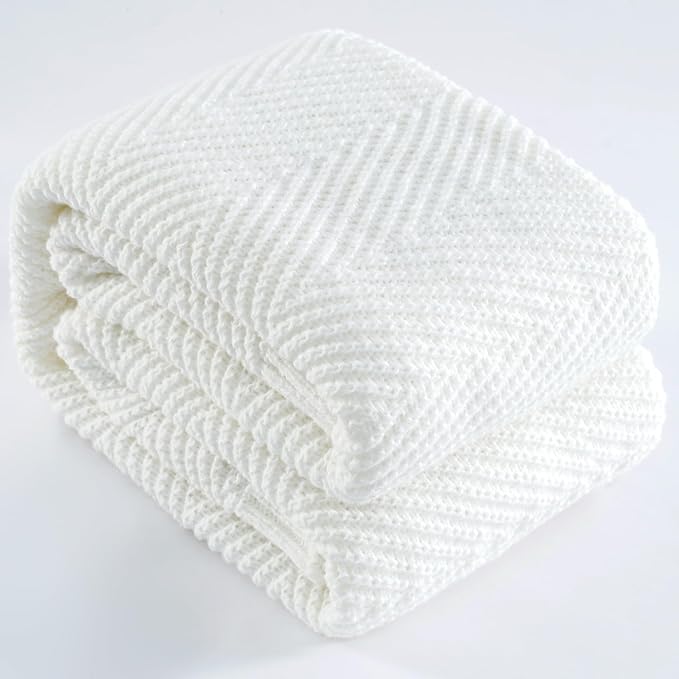Knitted Throw Blanket 60"X80", White Knit Throws for Bed, Super Soft Boho Chevron Blankets for Couch Sofa Chair Room Decor, Textured Decorative Farmhouse Cozy Lightweight