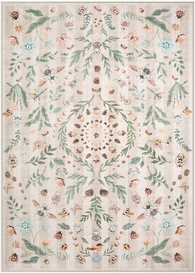 Lahome Chloe Insect Botanical Washable Beige 5x7 Area Rugs for Living Room, Non Slip Rugs for Bedroom, Boho Indoor Throw Dining Room Rugs for Under Table Carpet for Entryway Kitchen Office(Beige,5x7)