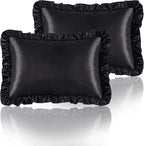 Silky Satin Ruffled Pillow Cases for Hair and Skin,Black Silk Pillowcases Queen Set of 2 with Envelope Closure Princess Room Decoration