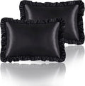 Black Satin Ruffled Pillow Cases for Hair and Skin,Black Silk Pillowcases Standard Set of 2 with Envelope Closure Princess Room Decoration