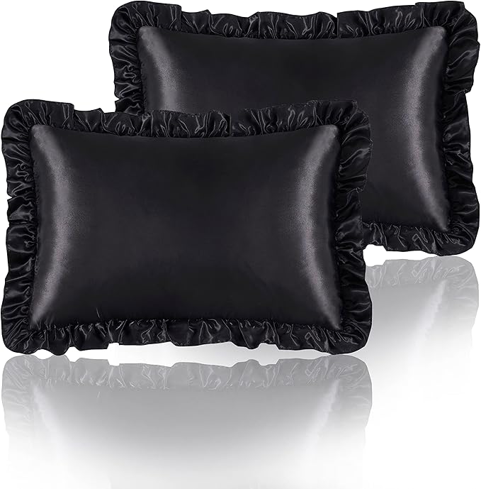 Silky Satin Ruffled Pillow Cases for Hair and Skin,Black Silk Pillowcases King Set of 2 with Envelope Closure Princess Room Decoration