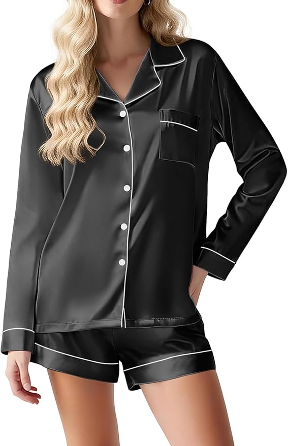 Ekouaer Satin Pajama Set for Women Button Down Pj Set Long Sleeve Top and Shorts 2 Piece Loungewear Summer Soft Sleepwear