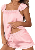 Satin Pajama Set for Women 2 Piece Silk Pjs Ruffle Sleeve Top and Shorts Cute Bridal Sleepwear Set S-XXL