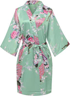 Women's Short Kimono Robes Bride and Bridesmaid Satin Floral Bathrobe Peacock Sleepwear Dressing Gown for Wedding Party