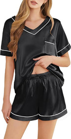 Silk Pajamas for Women Short Sleeve Satin 2 Piece Pj Set Soft V Neck Sleepwear Loungewear, S-XXL