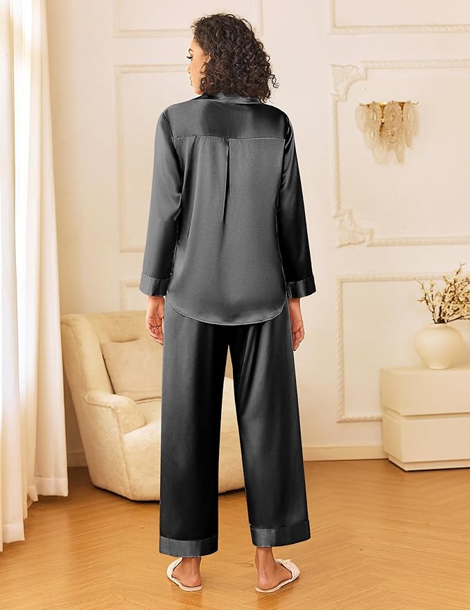 Ekouaer Womens Silk Satin Pajama Sets 2 Piece Sleepwear Pjs Set Long Sleeve Button Down Top and Pants Stripe Loungewear S-XXL