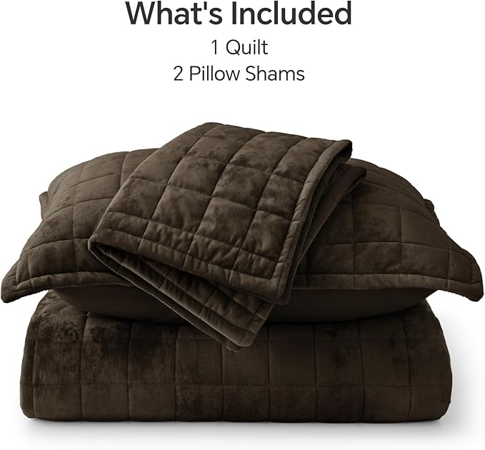 BEDELITE Velvet Quilt Set Queen Size - Luxury Velvet Comforter Bedding Set 3 Pieces, Lightweight Soft Cozy Mocha Brown Oversized Bedspread Coverlet for All Seasons with 2 Pillow Shams