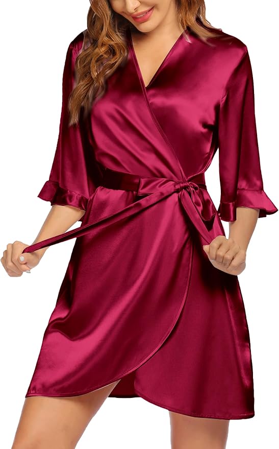 Ekouaer Women's Satin Robe Valentines Lingerie for Women Kimono Bathrobe Short Ruffle Belted Robes Bridesmaids Sleepwear