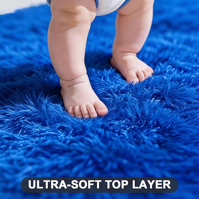 8x10 Area Rugs for Living Room, Upgrade Non-Slip Fluffy Soft Large Shag Bedroom Rug, Big Indoor Thick Fuzzy Shaggy Carpets for Kids Boy and Girls Room, Nursery, Dorm, Home Decor Aesthetic, Blue