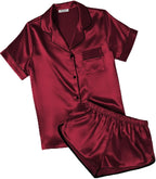 Ekouaer Womens Silk Satin Pajamas Short Sleeve PJS Shorts Set Soft Button Down Sleepwear 2 Piece Loungewear S-5XL