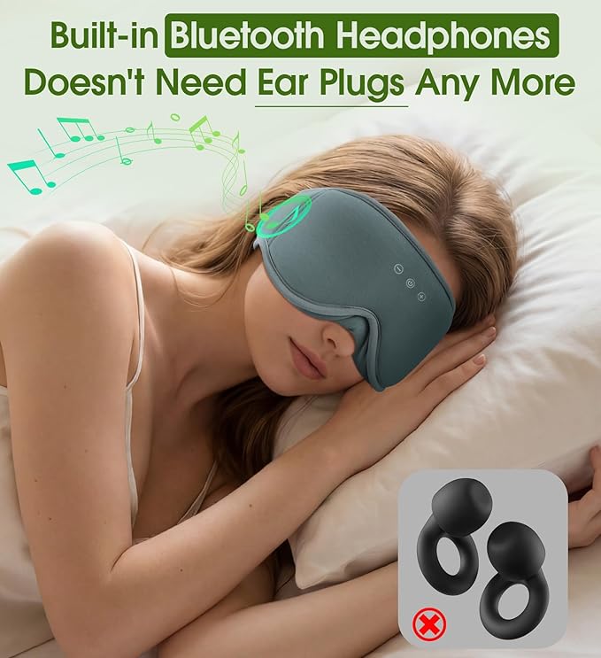 Bamboo Cotton Large Sleep Mask with Bluetooth Wireless Headphones - Blackout Eye Mask for Sleeping 3D Contoured Sleep Headband Ear Muffs Lengthen & Low Noise Hook for Better Experience (Grey)