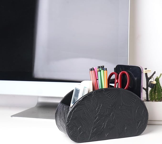 QIELIZI Remote Control Holder, PU Leather Remote Caddy Desktop Organizer with 5 Spacious Compartments for TV Remotes/Media Controllers/Office Supplies (1-Carved Black