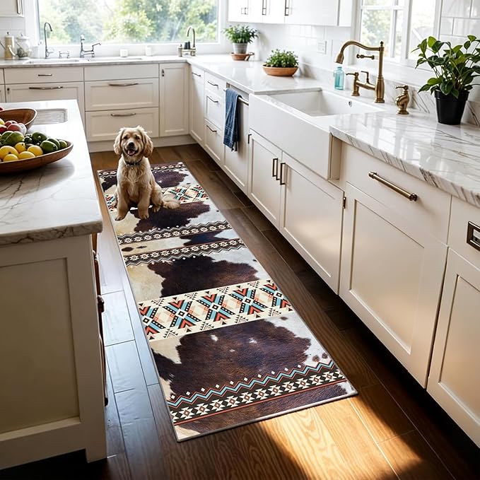 Western Rugs for Kitchen,3x12ft,Long Hallway Cow Print Rug,Western Country Farm Decor Entryway Runner Rugs,Non-Slip Washable Southwest Aztec Rugs,for Bedside Bedroom Entrance Carpet