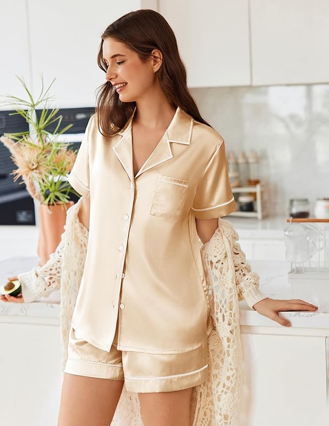 Ekouaer Womens Satin Silk Pajamas Set Short Sleeve Sleepwear Button Down Top and Shorts Loungewear 2 Piece Pjs Set S-XXL