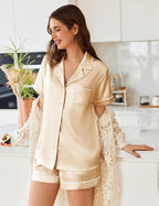 Ekouaer Womens Satin Silk Pajamas Set Short Sleeve Sleepwear Button Down Top and Shorts Loungewear 2 Piece Pjs Set S-XXL