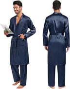 SWOMOG Mens 3 PCS Satin Robe with Pants & Shorts Set Kimono Bathrobe Long Sleeve Sleepwear Pjs Sets with Pockets