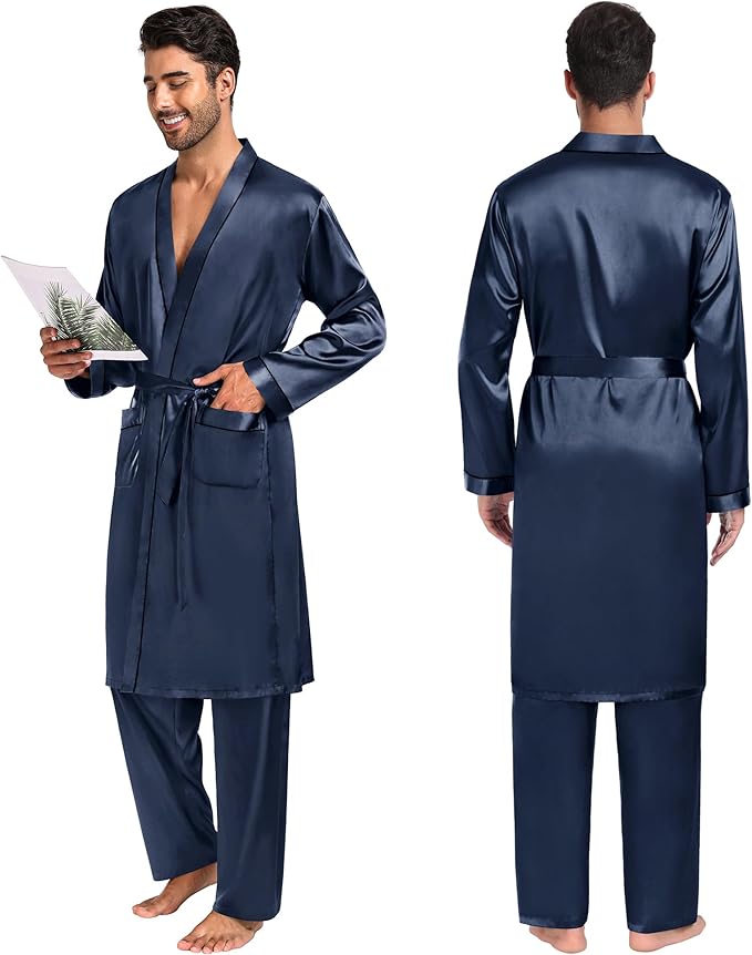 SWOMOG Mens 3 PCS Satin Robe with Pants & Shorts Set Kimono Bathrobe Long Sleeve Sleepwear Pjs Sets with Pockets