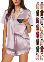 WJing Yi Jia Ruffle Pajama Sets For Women XS-4XL Womens Silk Satin Pajamas Set Silky Sleepwear Pj Sets Nightwear Loungewear