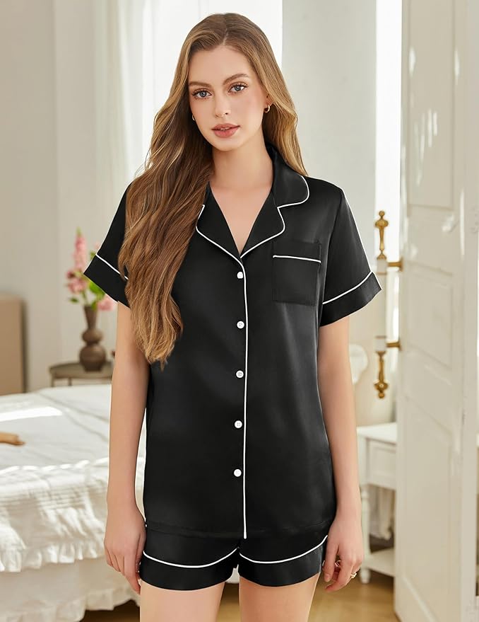 Silk Pajamas for Women Short Sleeve Sleepwear Soft Button Down Loungewear 2 Piece Satin Pjs Shorts Set S-XXL