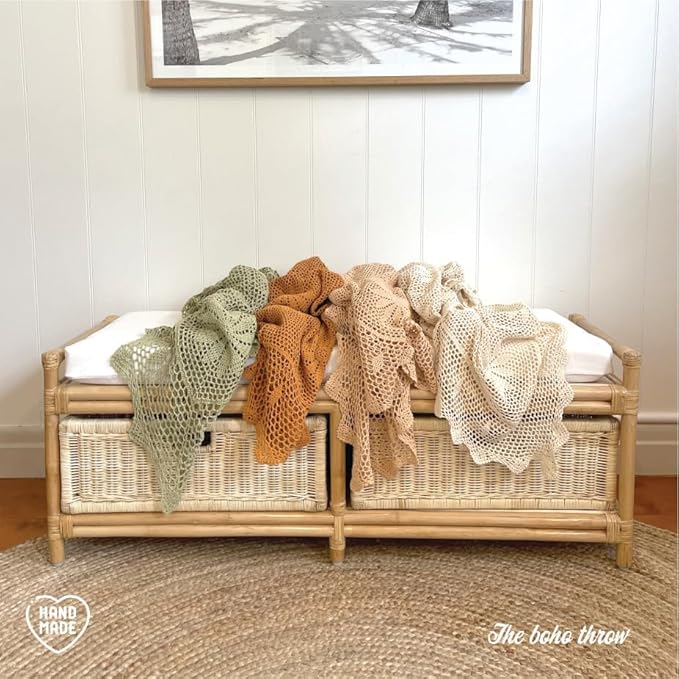 Zenviro Boho Throw Blanket, 50"x60", 100% Handmade Crochet Throw Blankets,100% Cotton Beige Throw, Decorative, Vintage Lace Blanket, Boho Decor, Photo Prop, Lightweight Knit