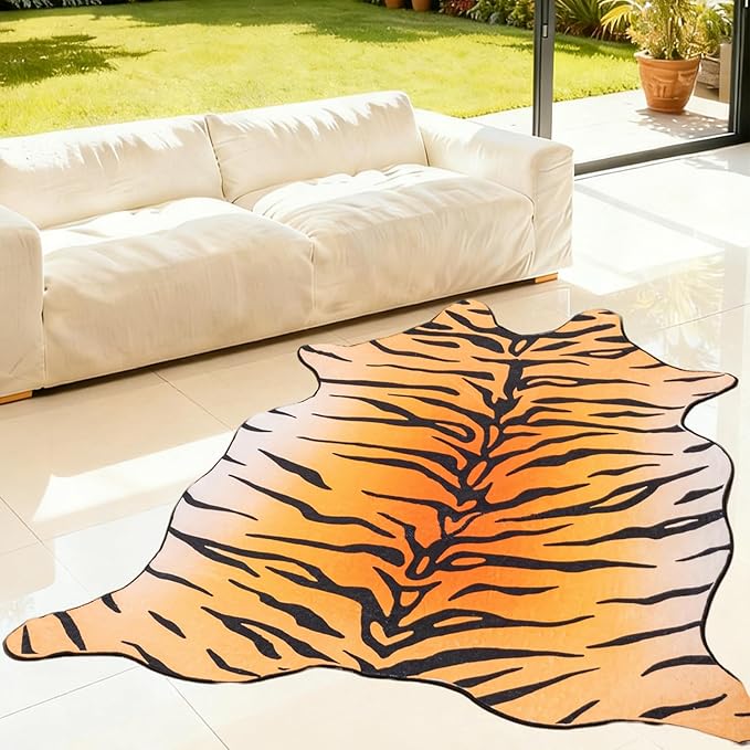 Tiger Print Area Rug, Tiger Rugs 4.6x5.2 Feet Western Rug Non-Slip Animal Print Skin Faux Cashmere Carpet for for Living Room Bedroom Home Decor