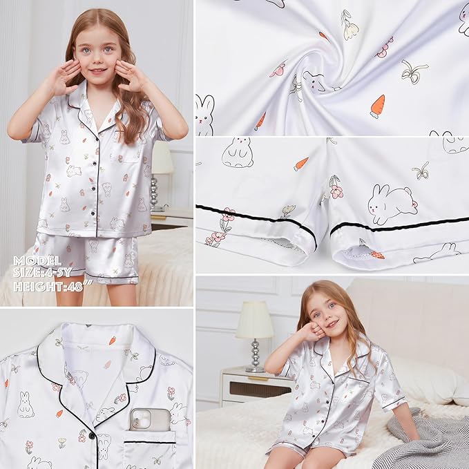 QPANCY Kids Satin Pajamas Sets Baby Boy Girl Button-Down Silk Sleepwear 2 Piece Short Sleeve Loungewear Clothes Set
