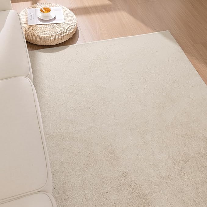 SHACOS Silky Soft Faux Rabbit Fur Area Rug 4'x6' Non Slip Washable Padded Medium Thick Rugs Fluffy Cozy Indoor Modern Carpet for Living Room Bedroom Dining Room Kids Room Dorm Home Decor, Beige