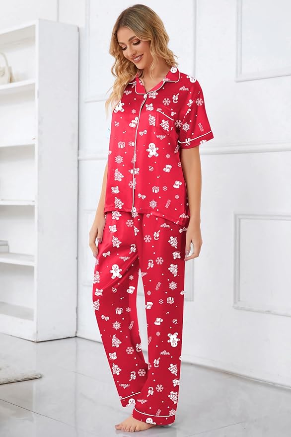 Umeyda Girls Womens Pajamas Set, Satin Silky Button Down Loungewear 2 Piece Short Sleeve Pants PJS Sets for Mommy Kids