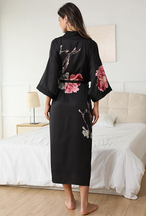 Kihnop Women's Floral Long Kimono Robe Long Satin Robe Long Silk Robe Ladies Kimonos Silky Bathrobe Cover Up, One Size