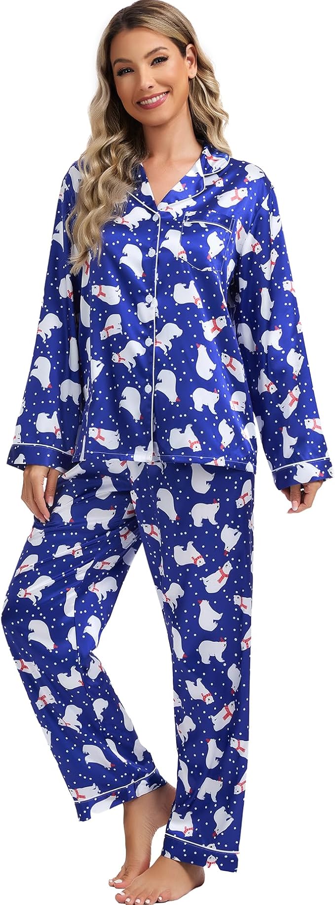 SWOMOG Womens Silk Satin Pajamas Set Long Sleeve Button Down Sleepwear 2 Piece Lounge Set Pj Set XS-3XL